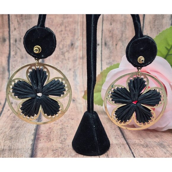 Cute Boho Gold Tone & Black Raffia Floral Flower Statement Drop Dangle Earrings - Picture 5 of 7
